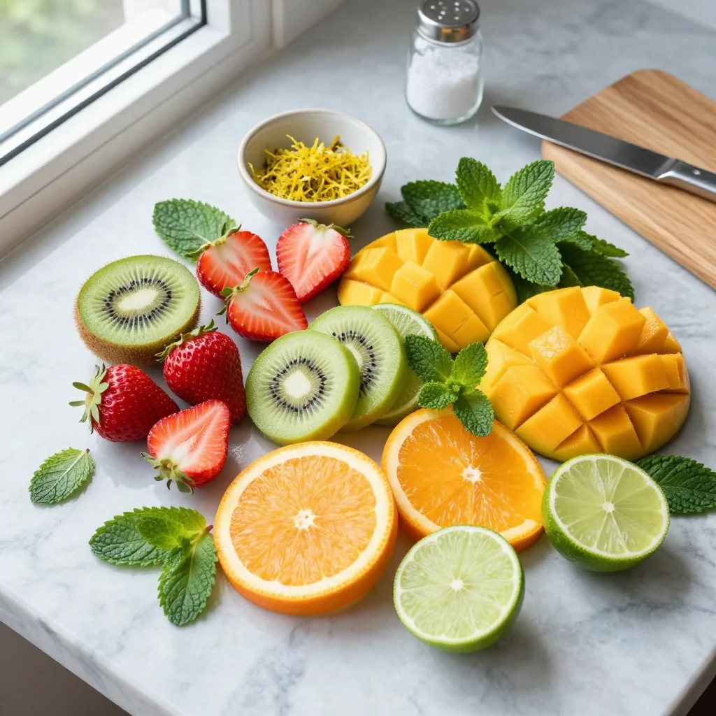 All ingredients for Fruit Salad with Mint and Lime