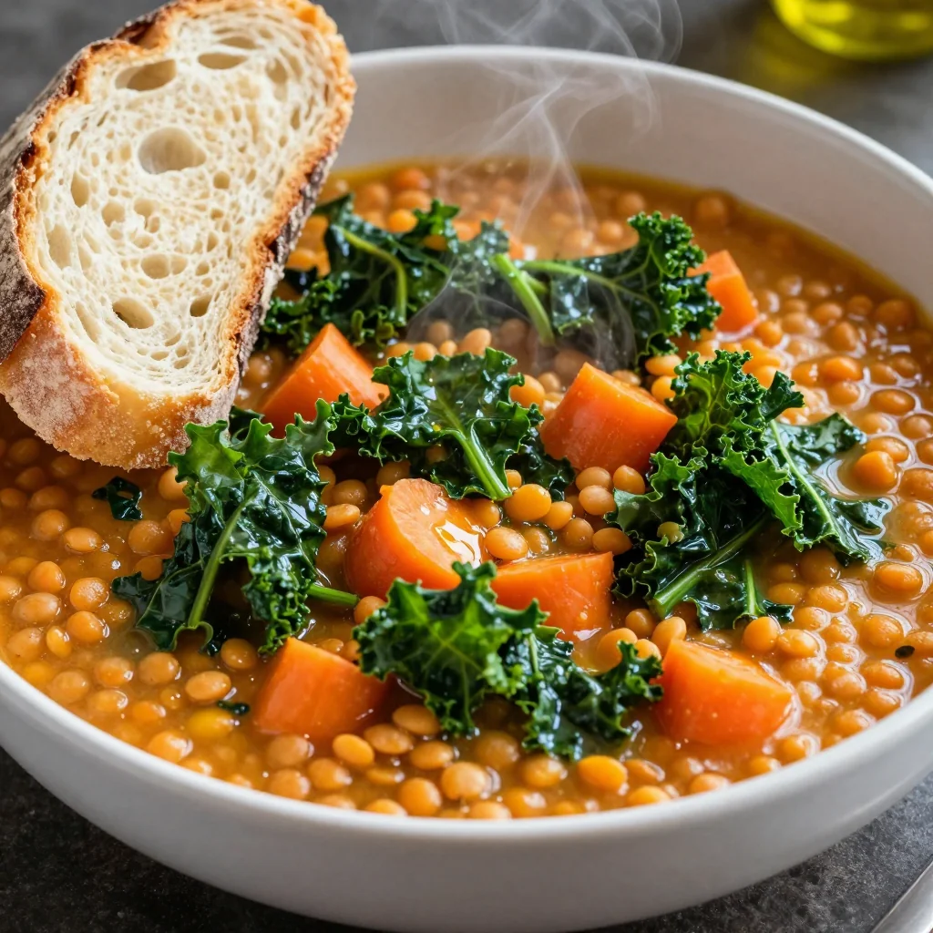 healthy onepot lentil and carrot soup with winter greens for january
