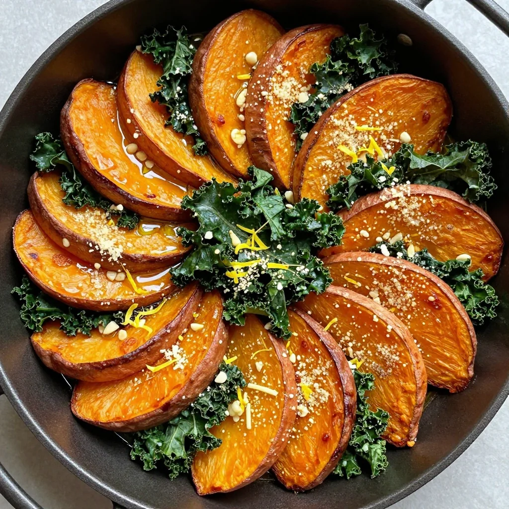 warm garlic and lemon roasted sweet potato and kale casserole