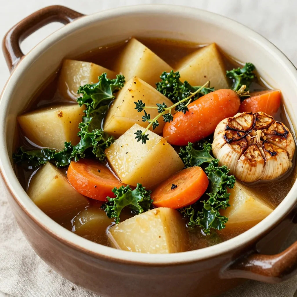 one pot winter vegetable and turnip stew with garlic for cozy meals