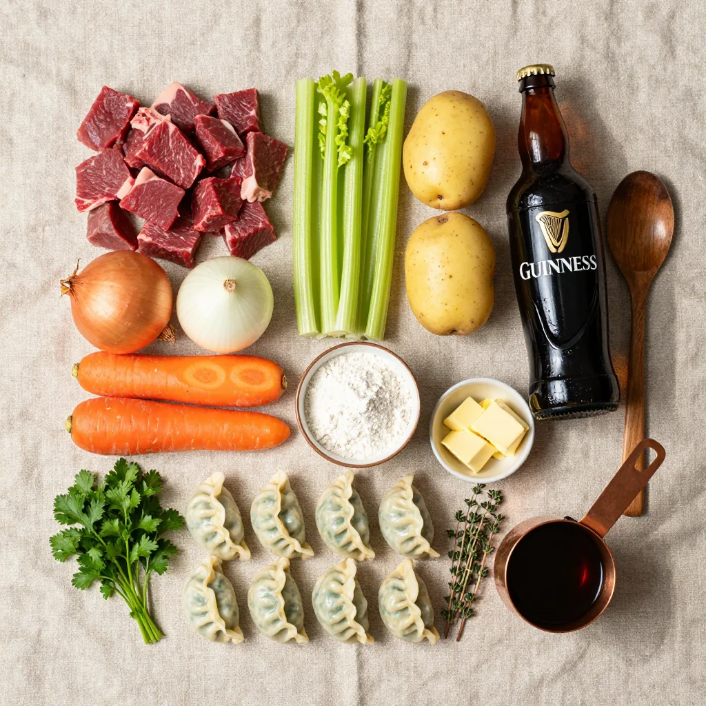 All ingredients for Guinness Beef Stew with Fluffy Herb Dumplings