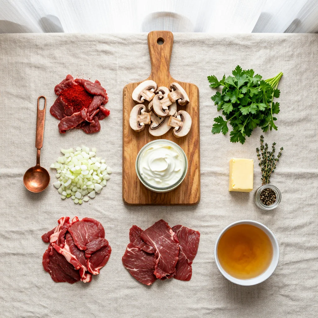 All ingredients laid out for Beef Stroganoff with Mushrooms and Sour Cream