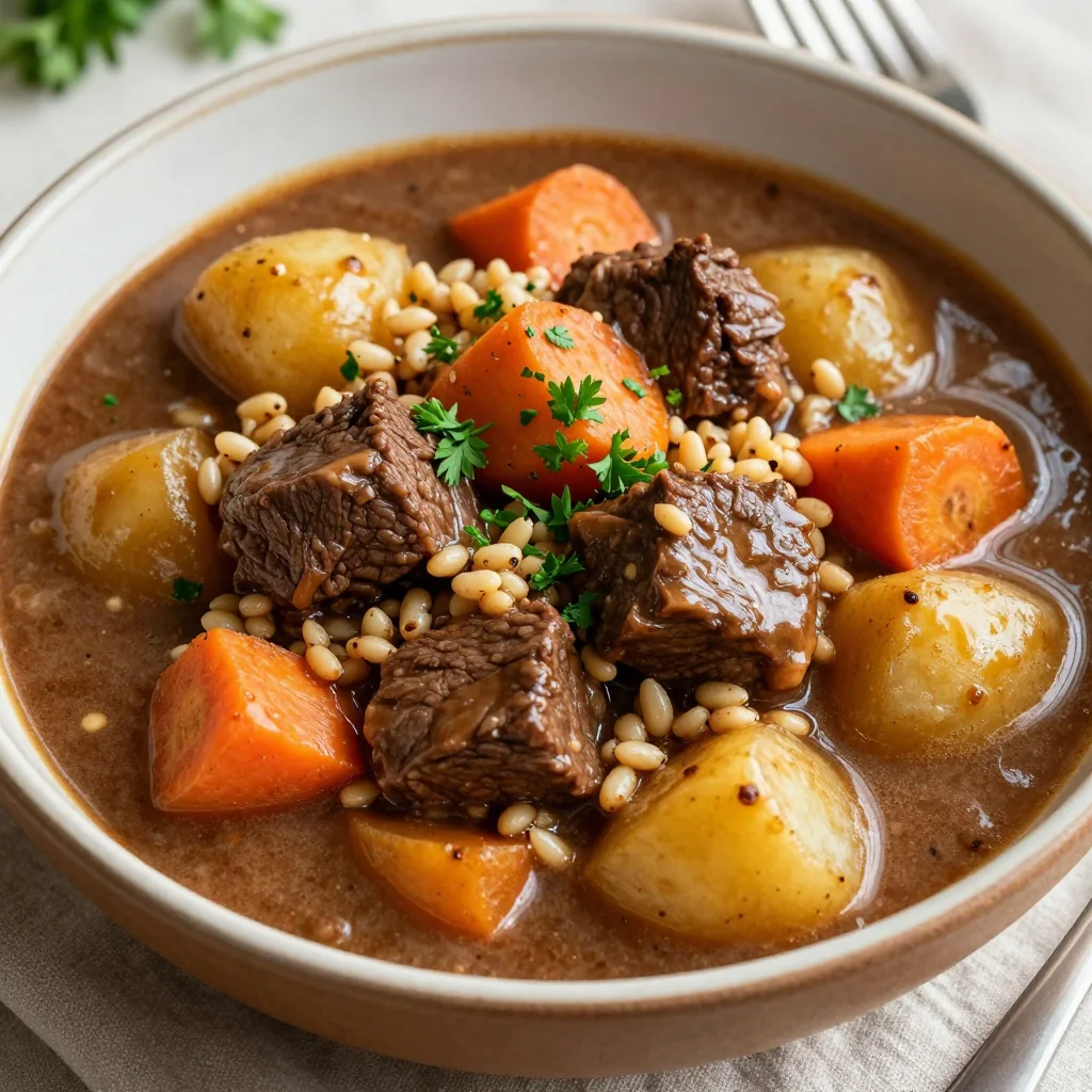 Rich Beef Stew With Barley And Root Vegetables