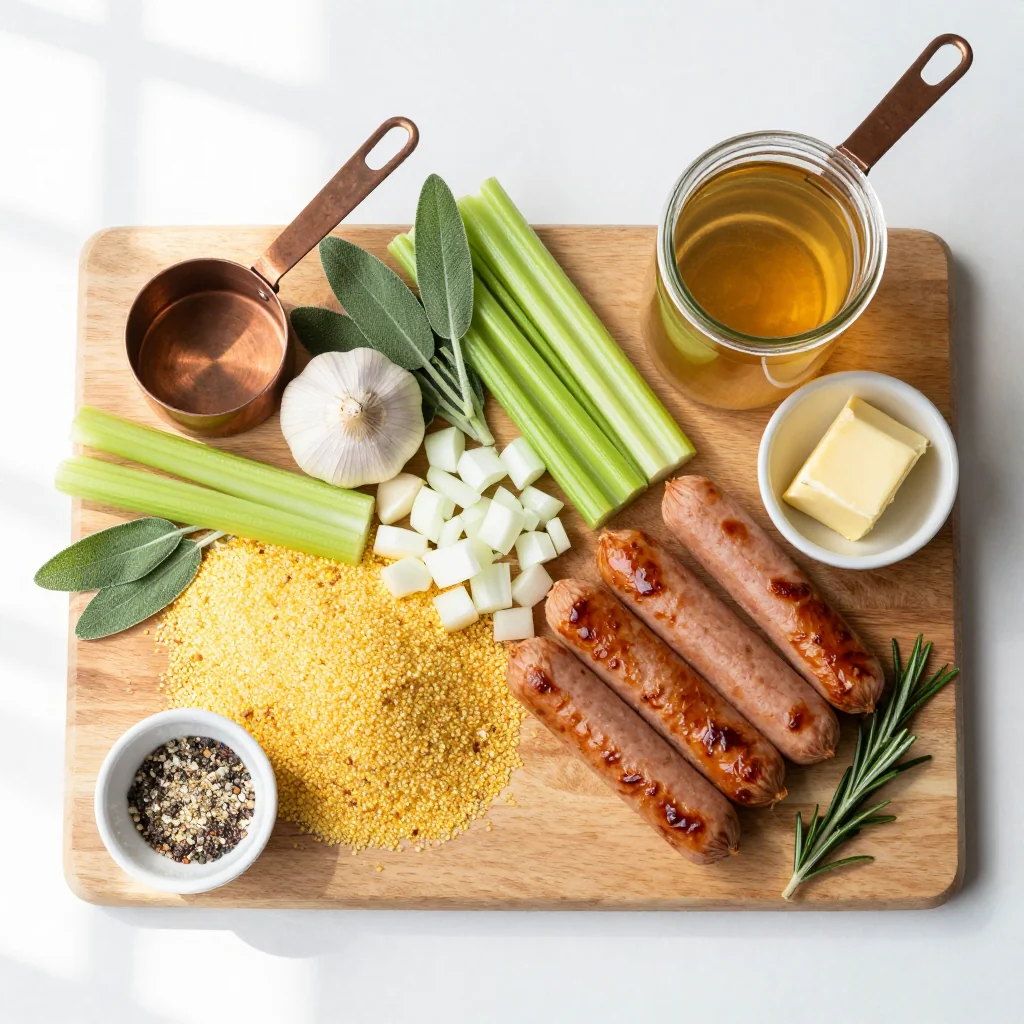 All ingredients for Cornbread Dressing with Sausage and Sage arranged on a wooden board
