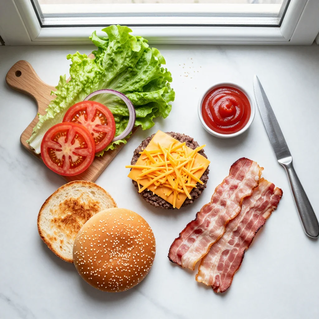 All ingredients for Cheeseburger with Bacon and Cheddar Cheese