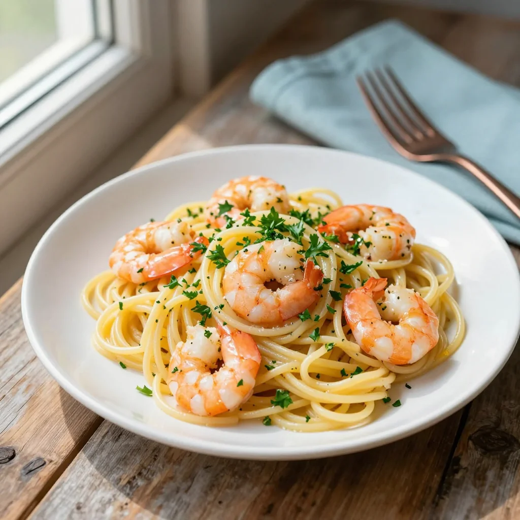 Lemon Garlic Pasta with Shrimp and Parsley