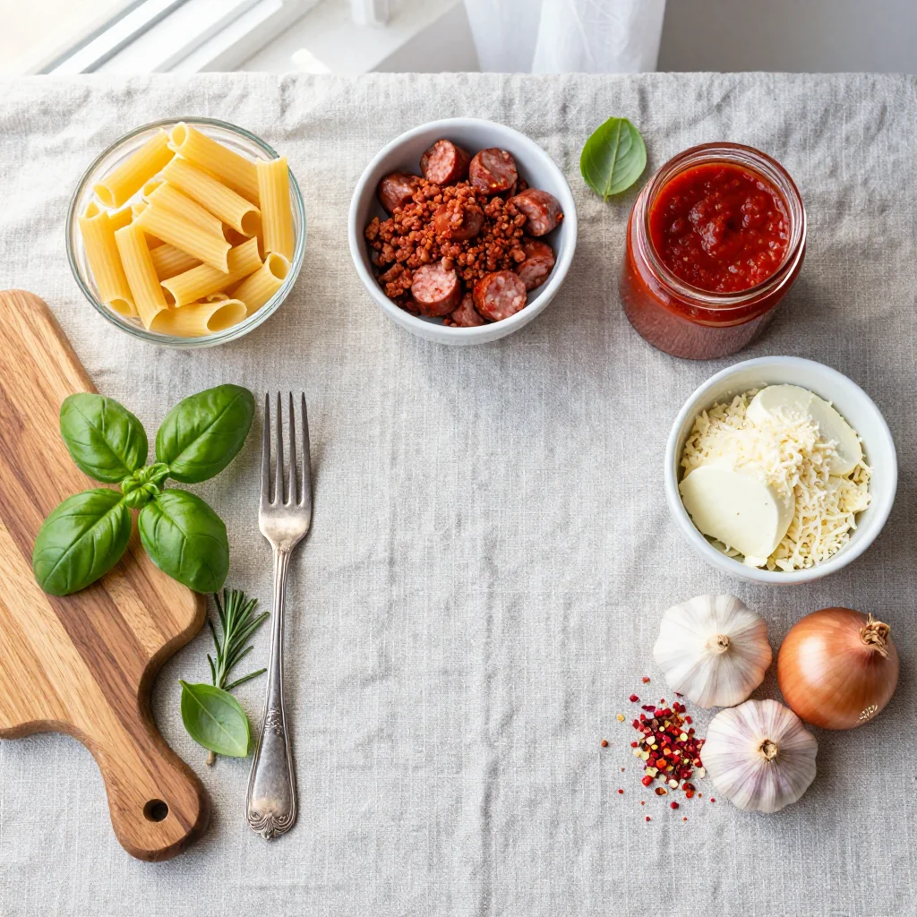 All ingredients laid out for Baked Ziti with Italian Sausage and Cheese