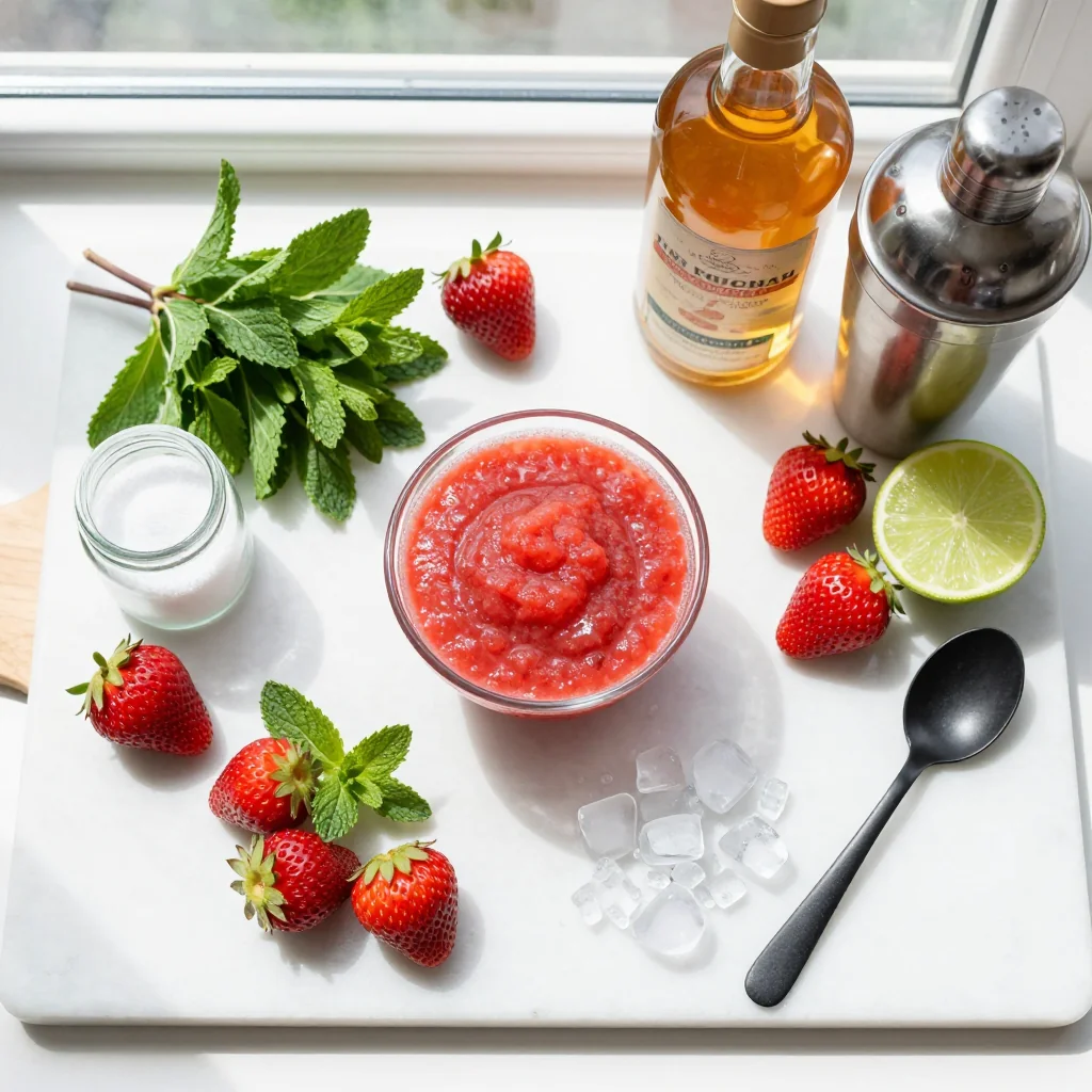 All ingredients laid out for Strawberry Daiquiri Frozen Cocktail