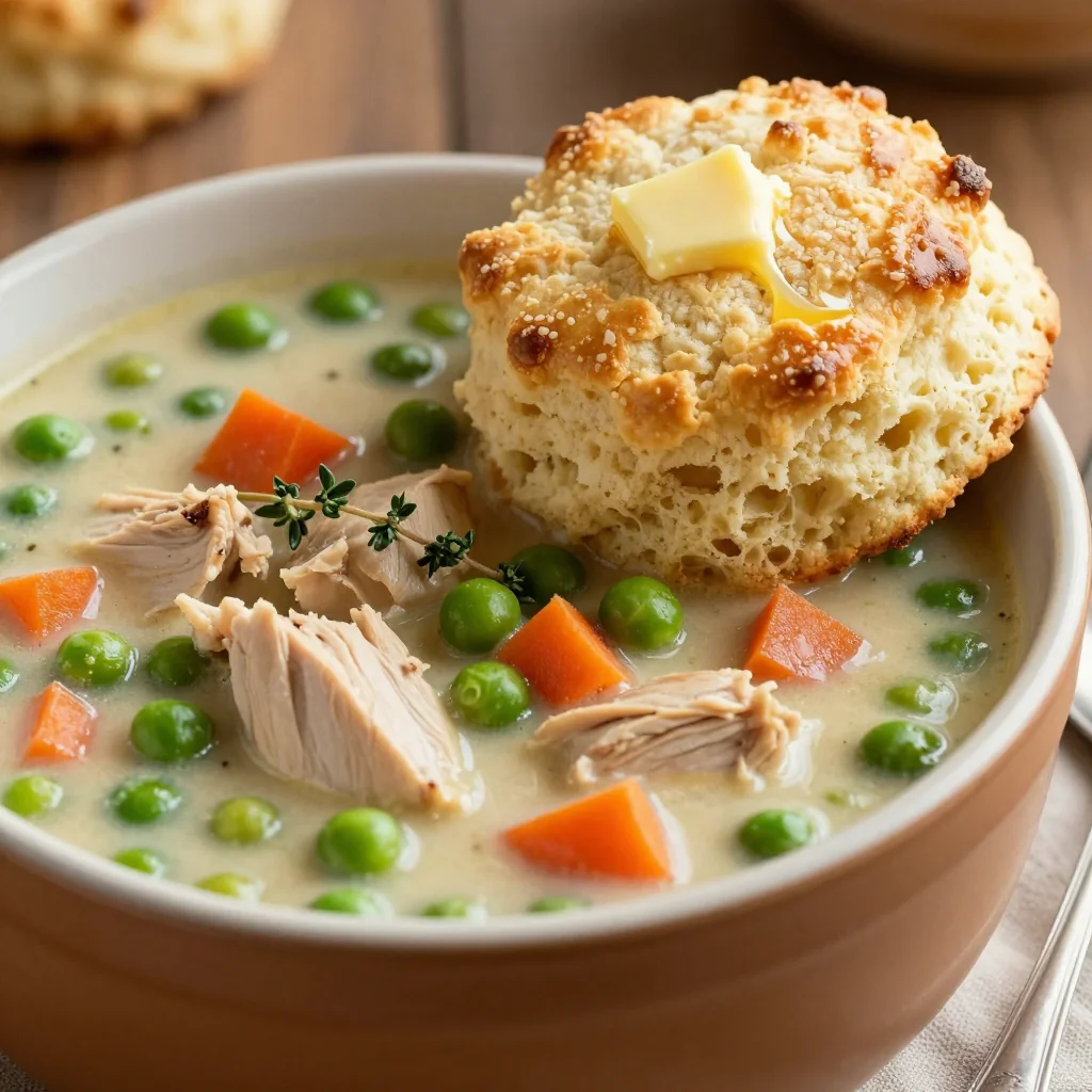 Easy Weeknight Chicken Pot Pie Soup with Biscuits