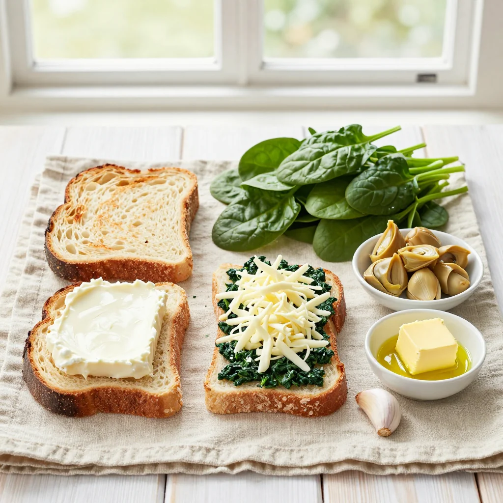 All ingredients for Spinach Artichoke Grilled Cheese on Sourdough