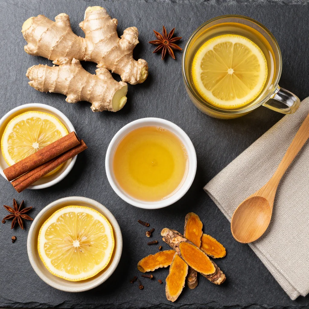 Fresh ginger root, lemons, and honey arranged on a wooden cutting board with a copper pot in the background