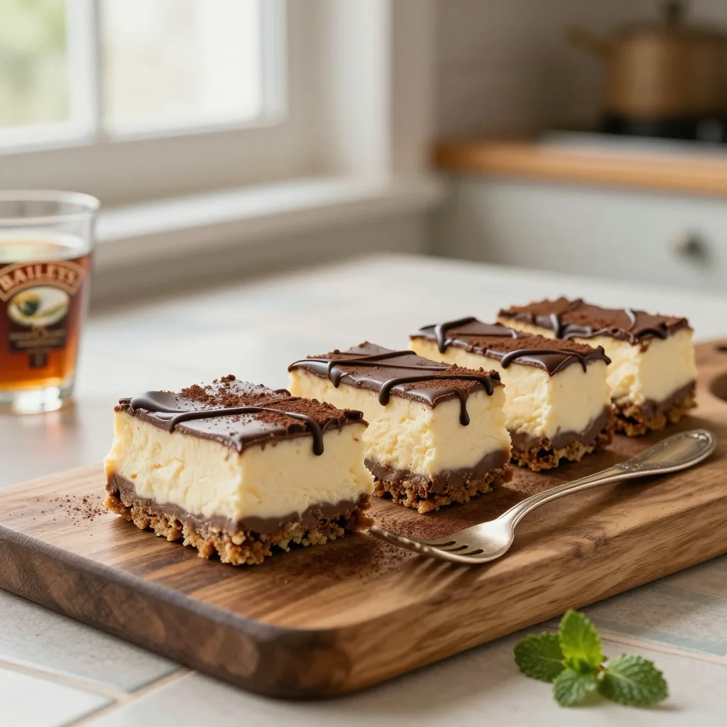 Baileys Cheesecake Bars with Chocolate Swirl