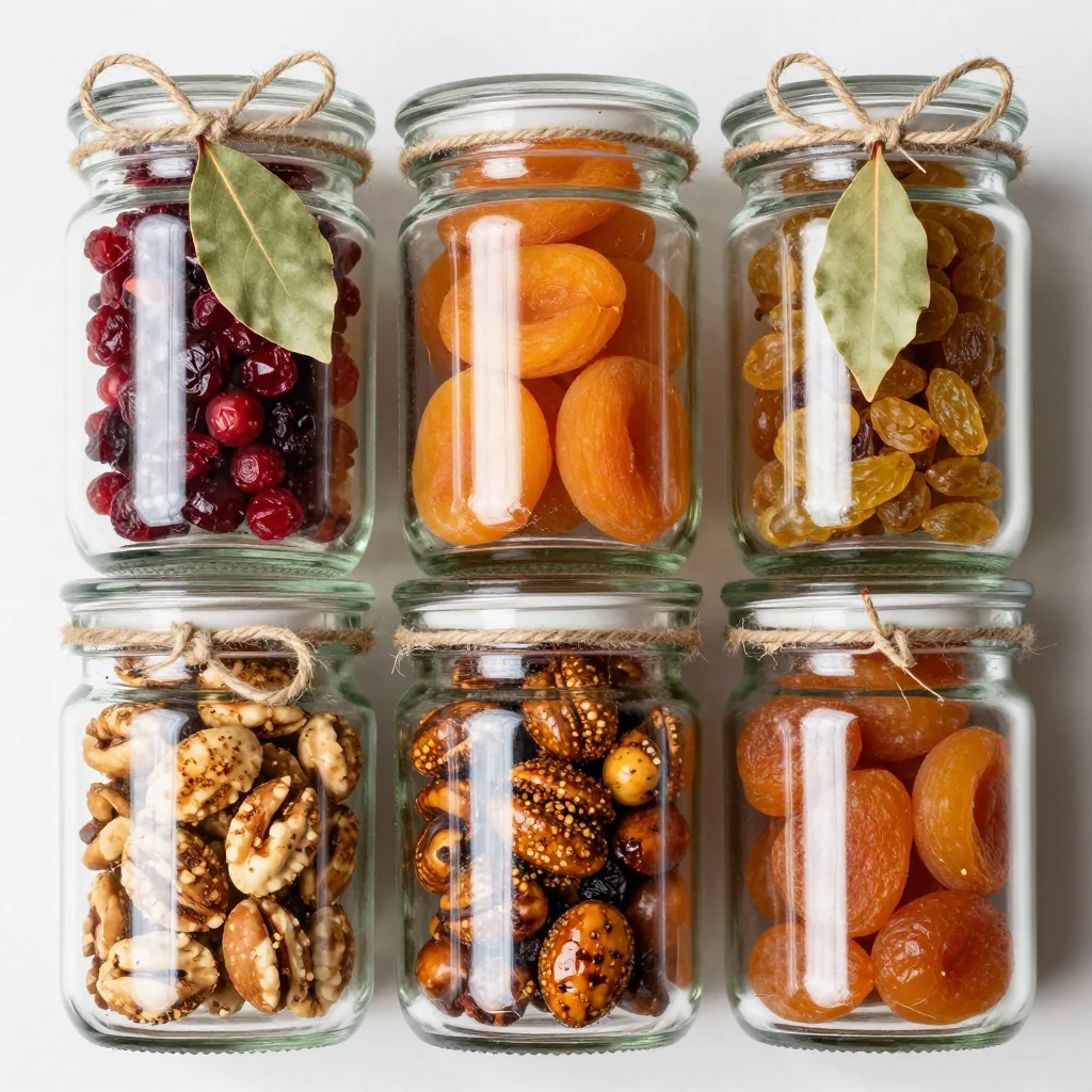 homemade edible gift jars filled with spiced nuts and dried fruits