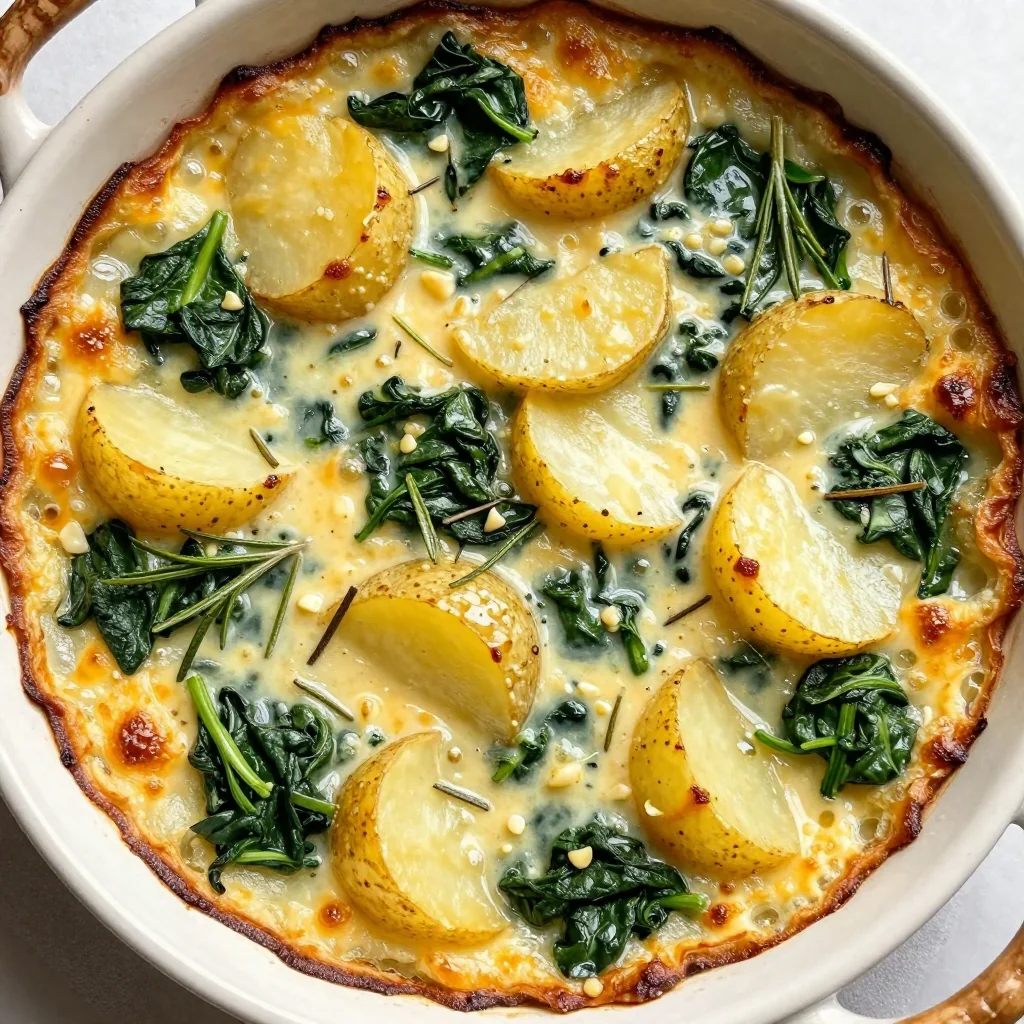 cozy spinach and potato gratin with garlic and rosemary