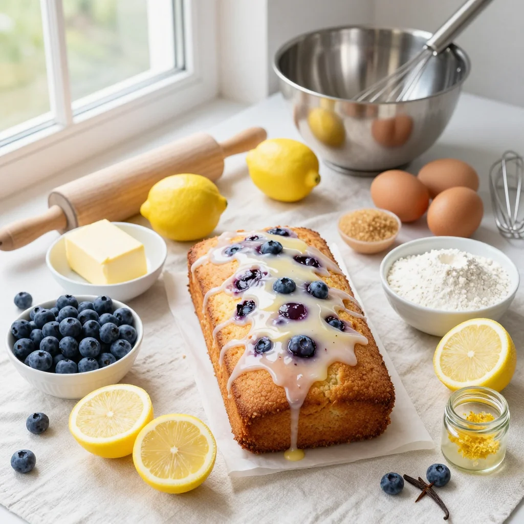 All ingredients for Lemon Blueberry Pound Cake with Sweet Glaze