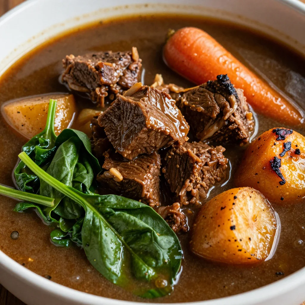 slow cooker beef stew with spinach and roasted root vegetables