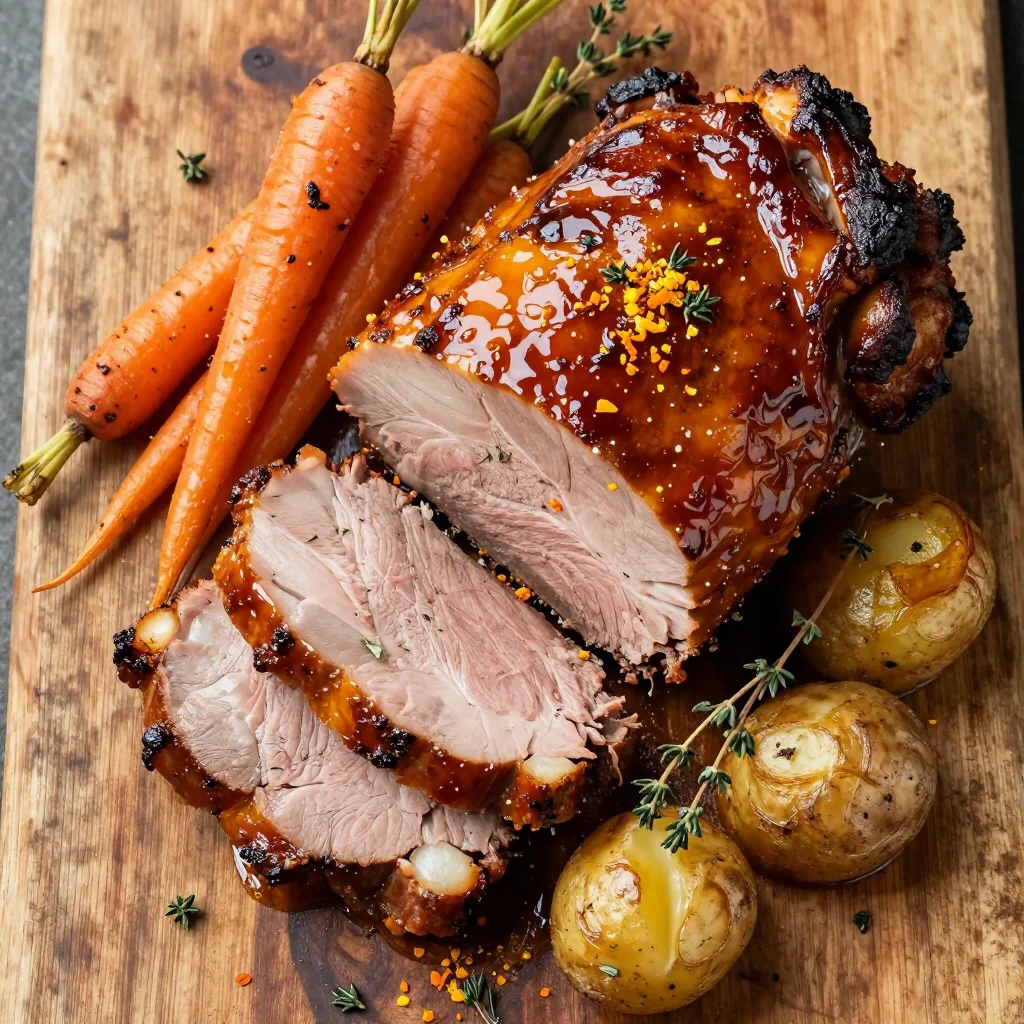 slowroasted pork loin with citrus glaze and root vegetables feast