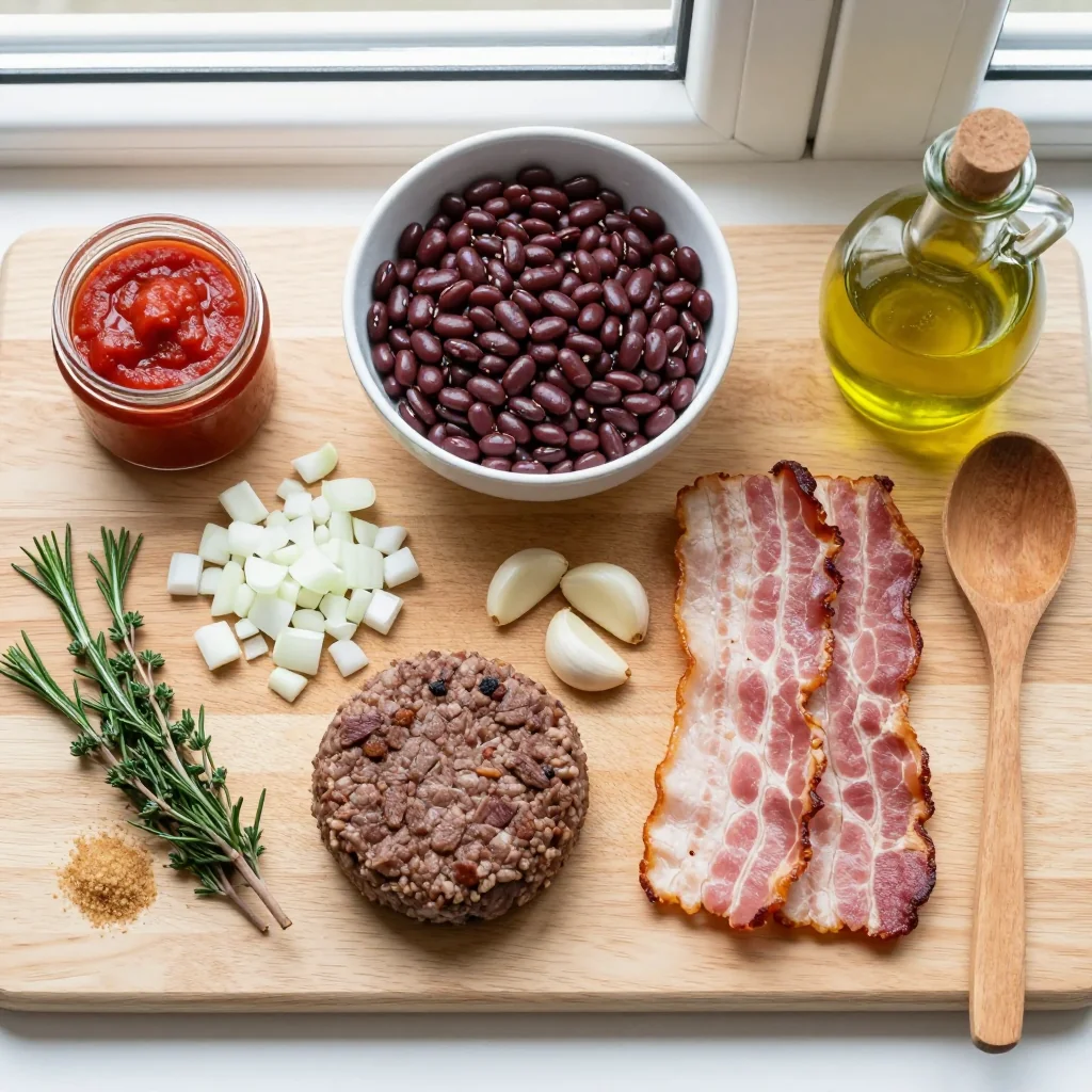 All ingredients for Baked Beans with Ground Beef and Bacon neatly arranged on a wooden board