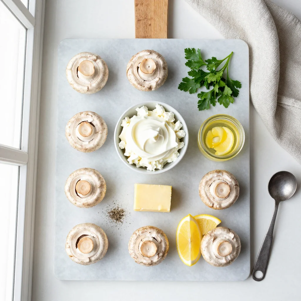 All ingredients laid out for Crab Stuffed Mushrooms with Cream Cheese