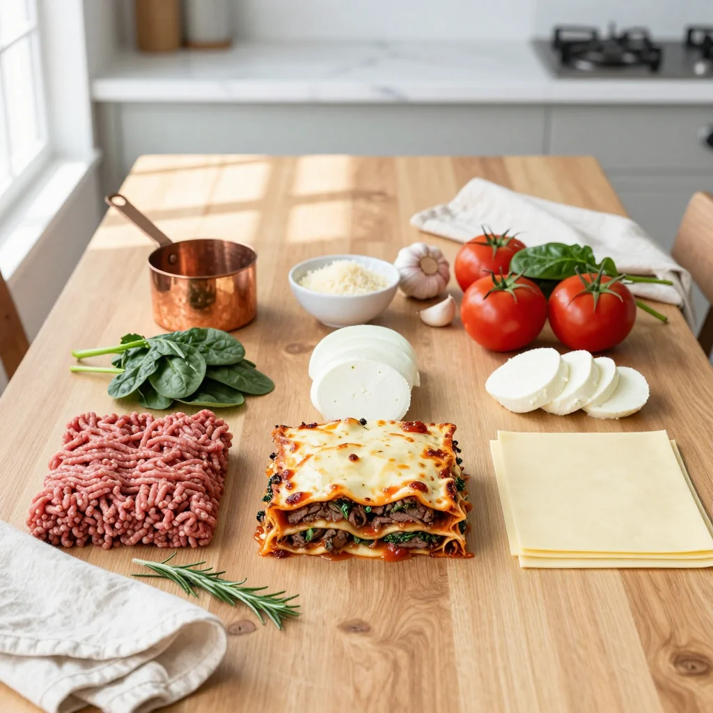 All ingredients for Beef Lasagna with Spinach
