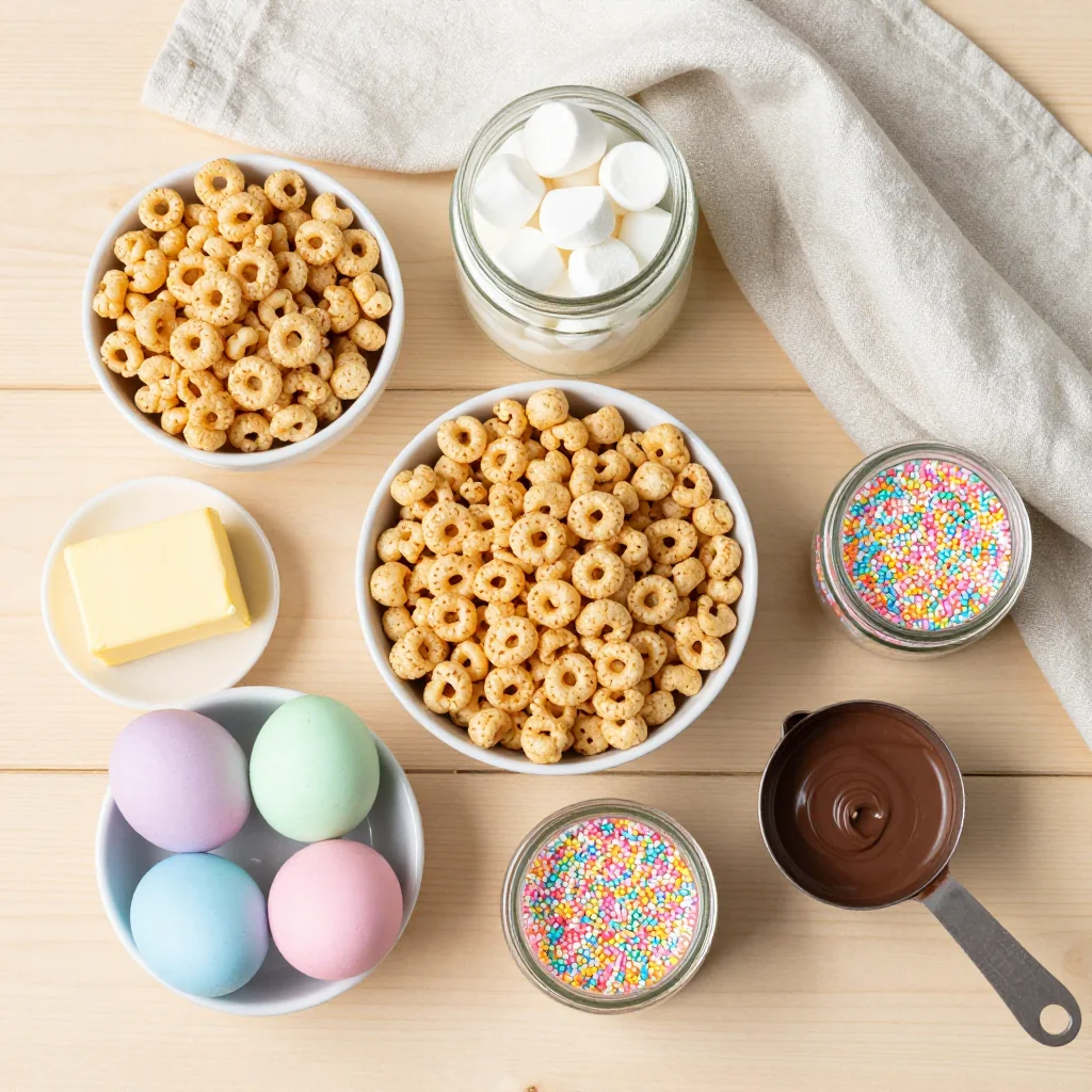 All ingredients for Easter Egg Rice Krispie Treats laid out on a kitchen counter