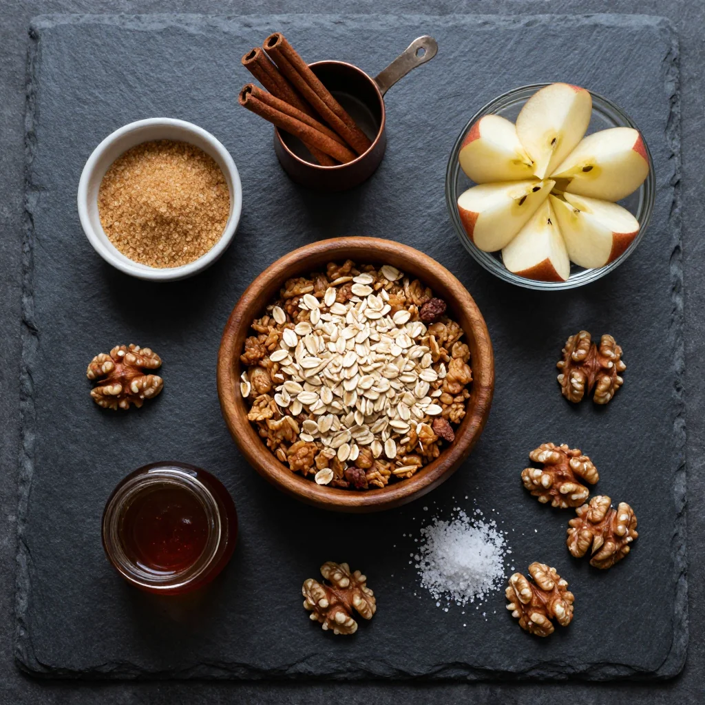 Bowl of rolled oats, diced apples, cinnamon jar, maple syrup, eggs, and oat milk arranged on a linen towel