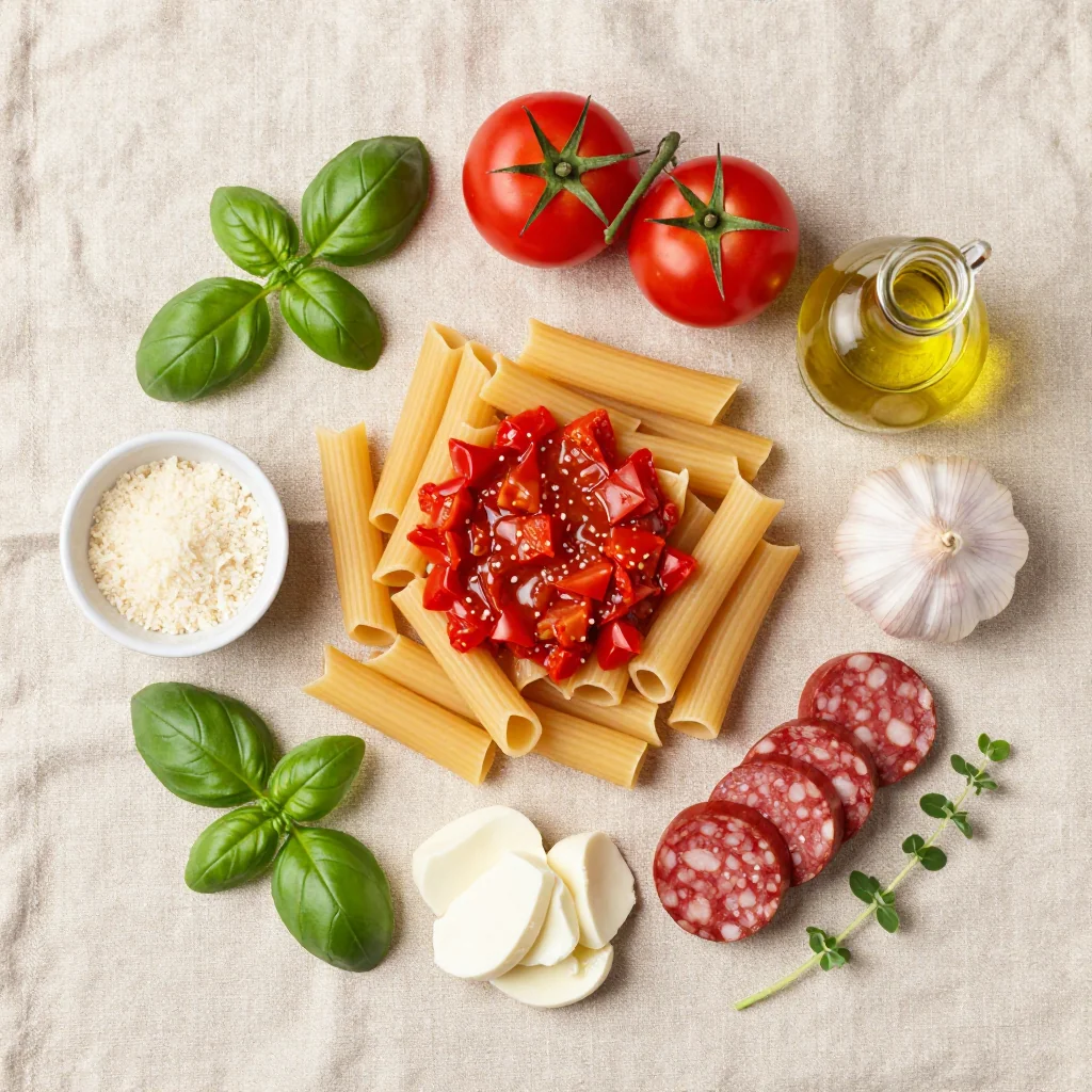 All ingredients for Baked Ziti with Italian Sausage and Mozzarella Cheese