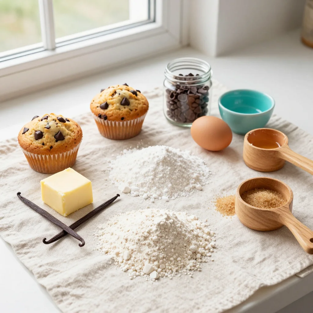 All ingredients for Chocolate Chip Muffins Bakery Style
