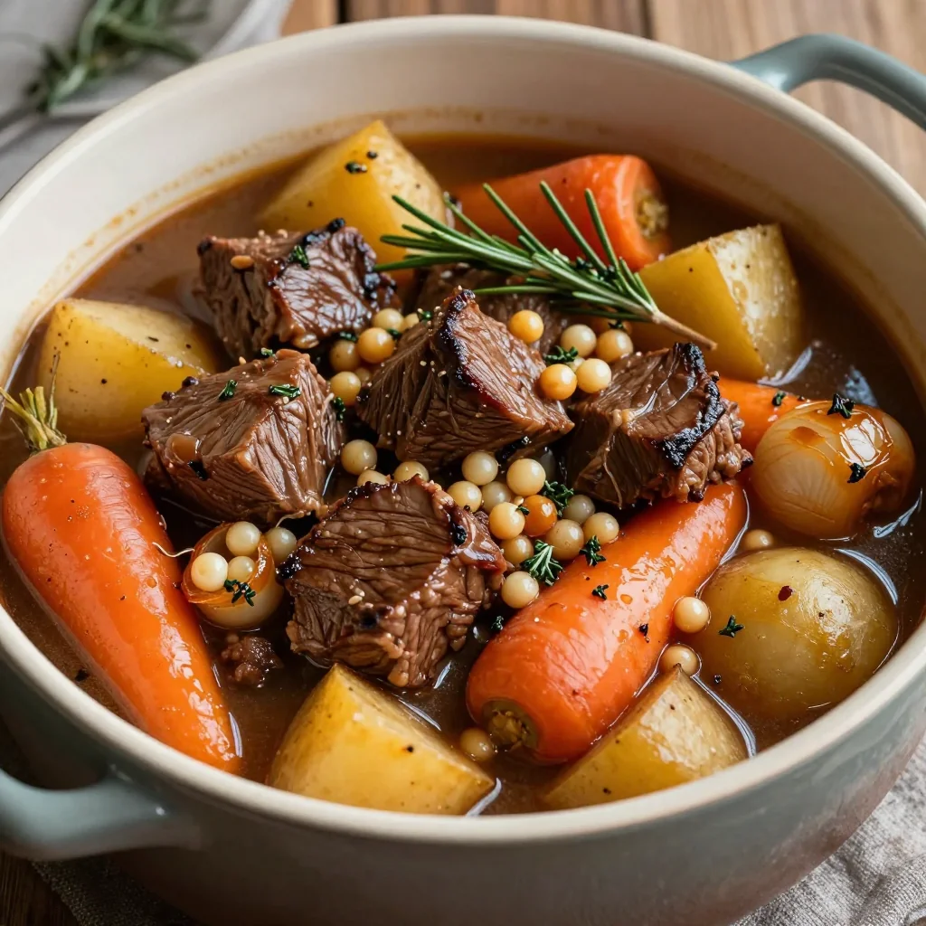 slow cooker beef and root vegetable stew with fresh herbs for dinner