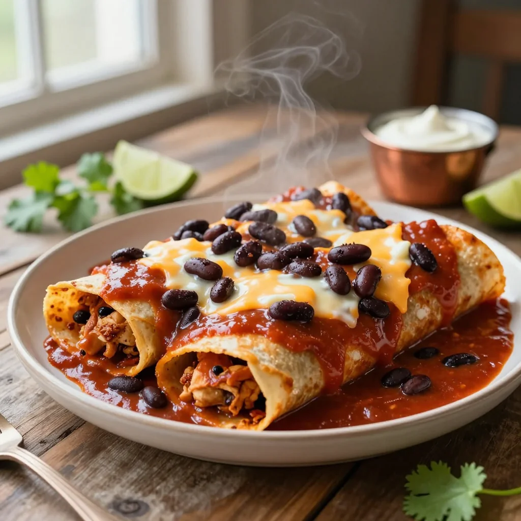 Chicken Enchiladas with Red Sauce and Beans