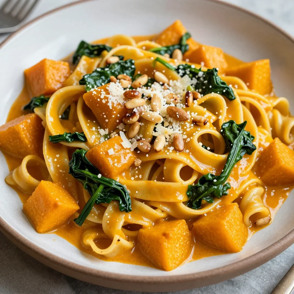 creamy winter squash and spinach pasta for comfort food lovers