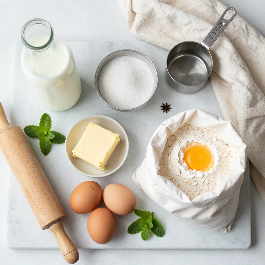 All ingredients for Buttermilk Pie laid out on a wooden board