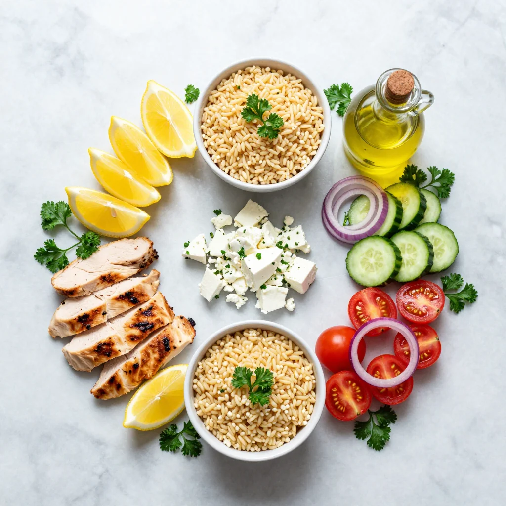 All ingredients for Lemon Chicken Orzo Salad with Feta laid out on a wooden board