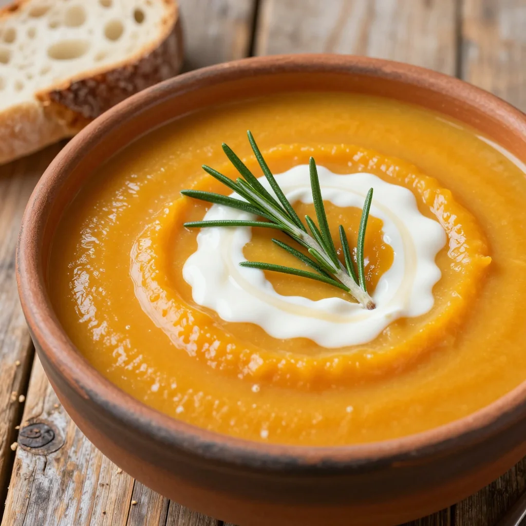 cozy creamy sweet potato and carrot soup with fresh rosemary