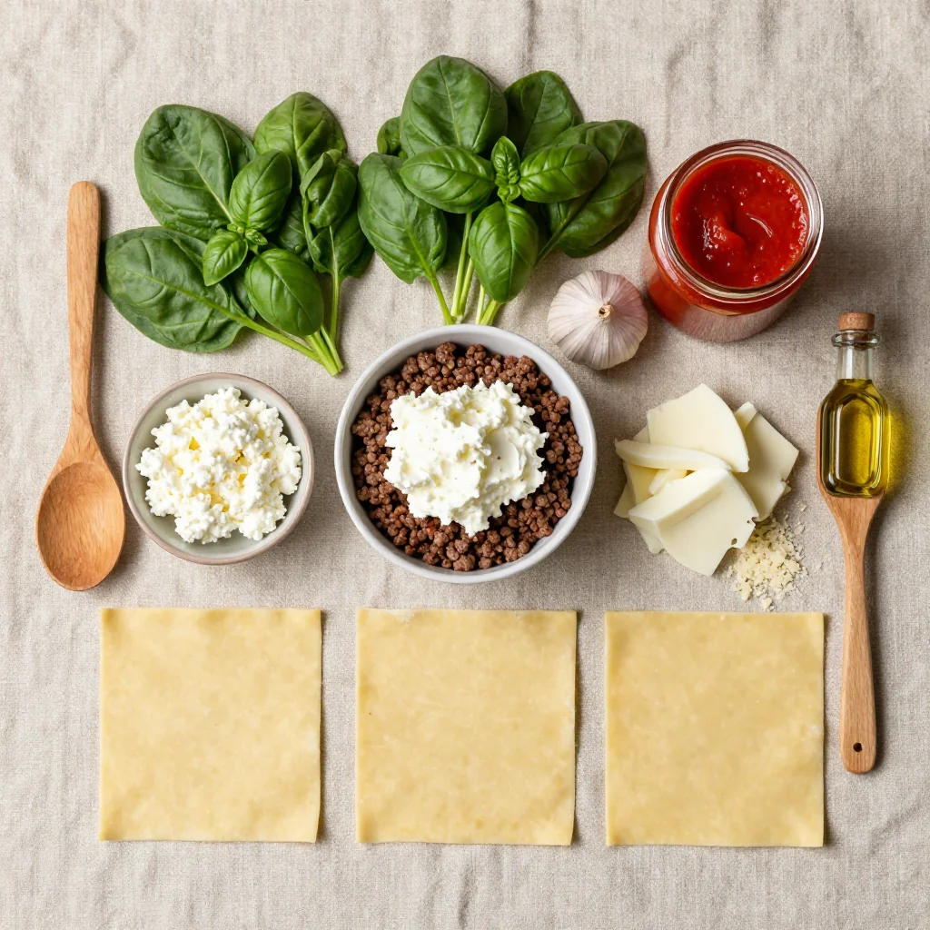 All ingredients laid out for Beef Lasagna with Ricotta and Spinach