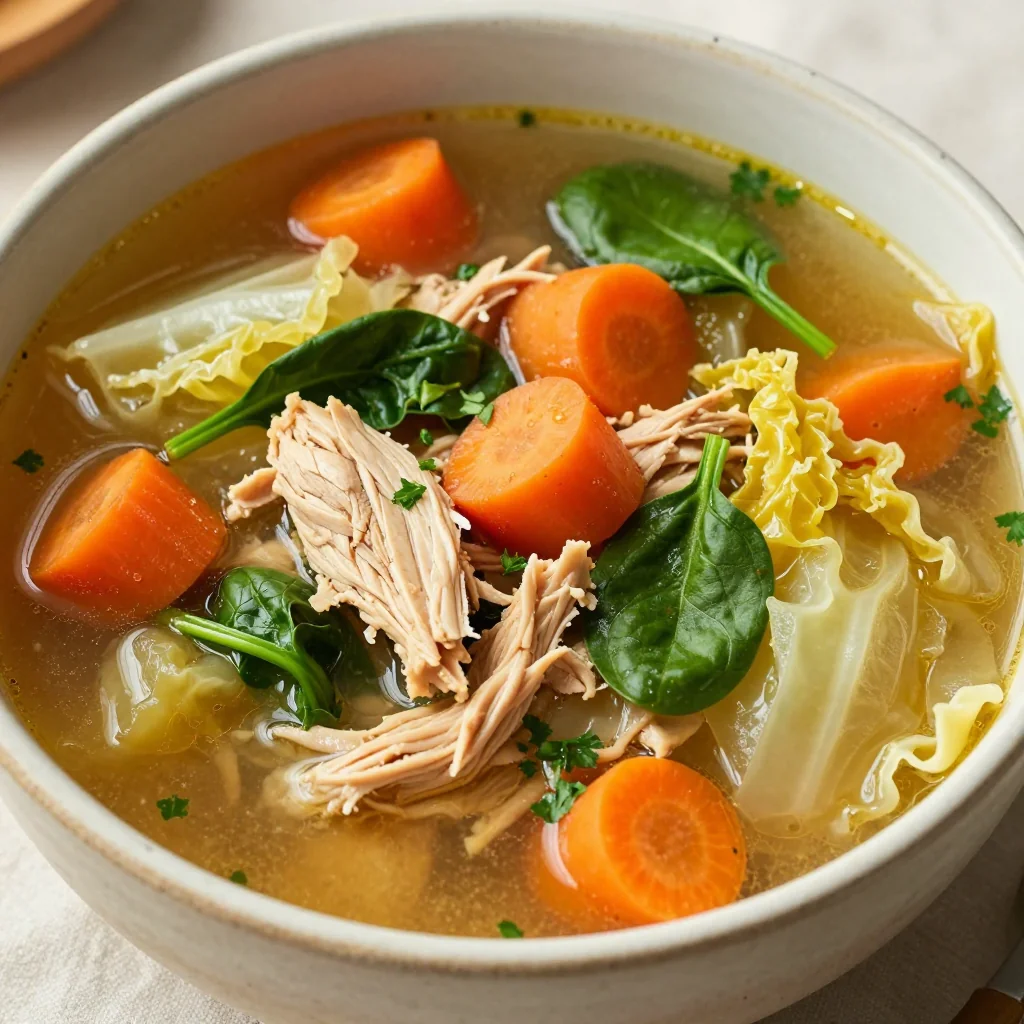 healthy slow cooker chicken and cabbage soup with carrots and spinach