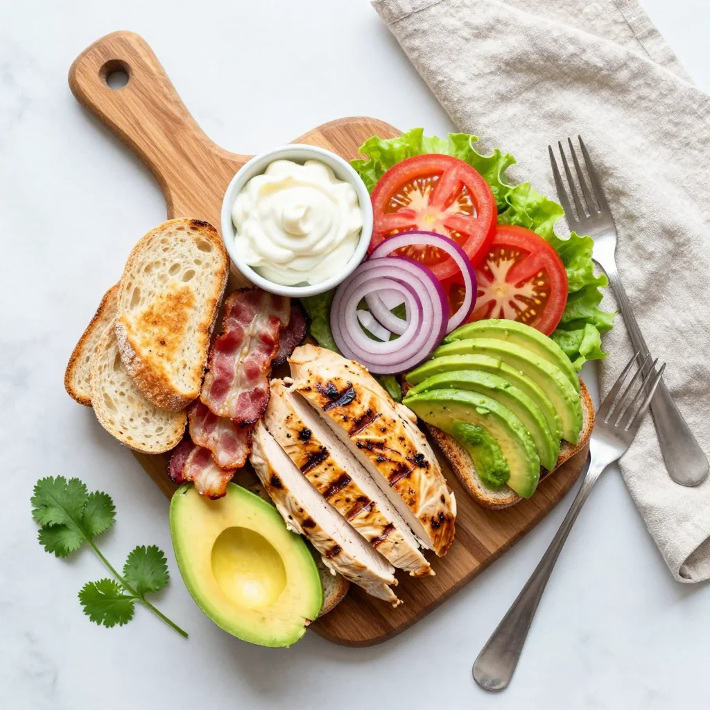 All ingredients laid out for Grilled Chicken Sandwich with Avocado and Bacon
