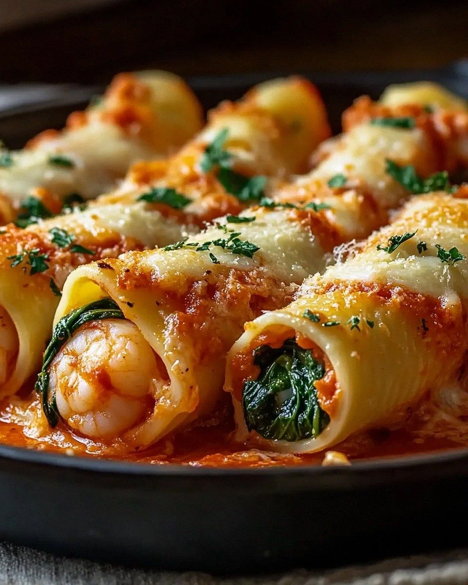 A Dish to Remember: Shrimp and Spinach Stuffed Pasta Rolls with Roasted Red Pepper Cream