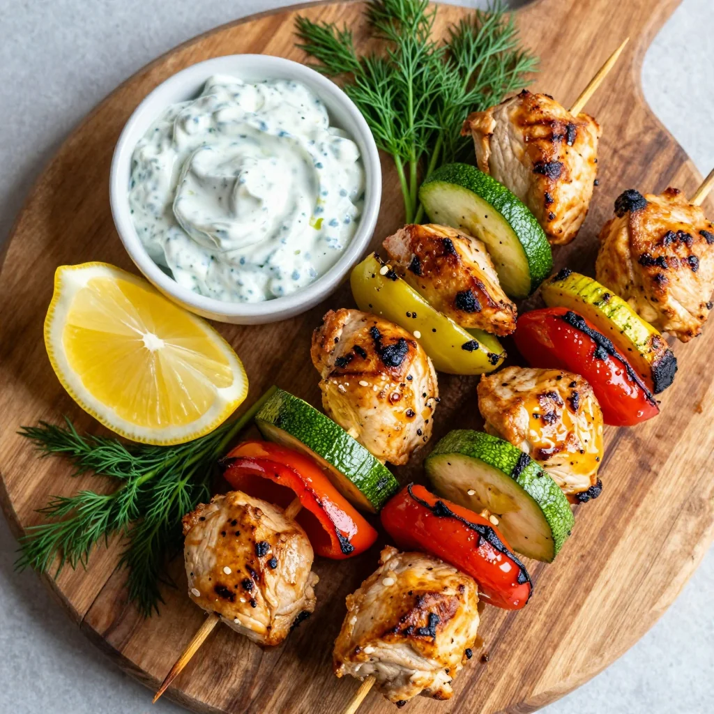Healthy Meal Prep Greek Chicken and Veggie Skewers with Tzatziki