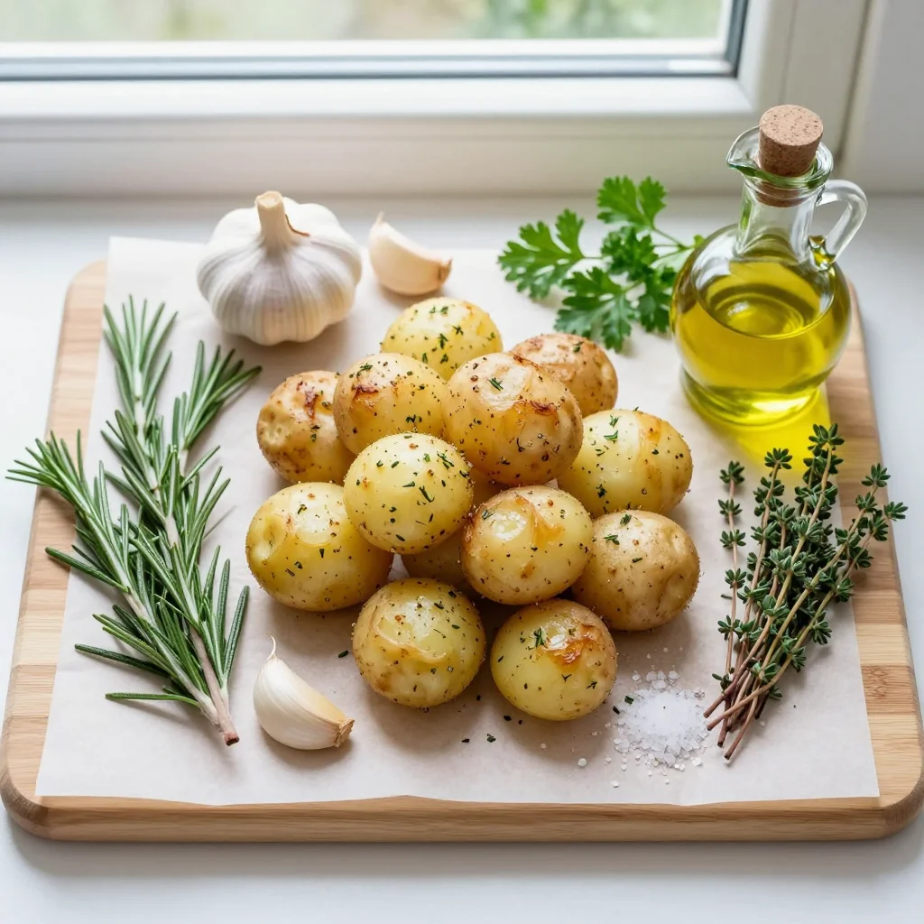 All ingredients for Garlic Roasted Potatoes with Herbs arranged on a wooden board