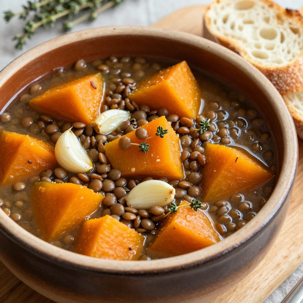budget friendly lentil and winter squash stew with garlic for family meals