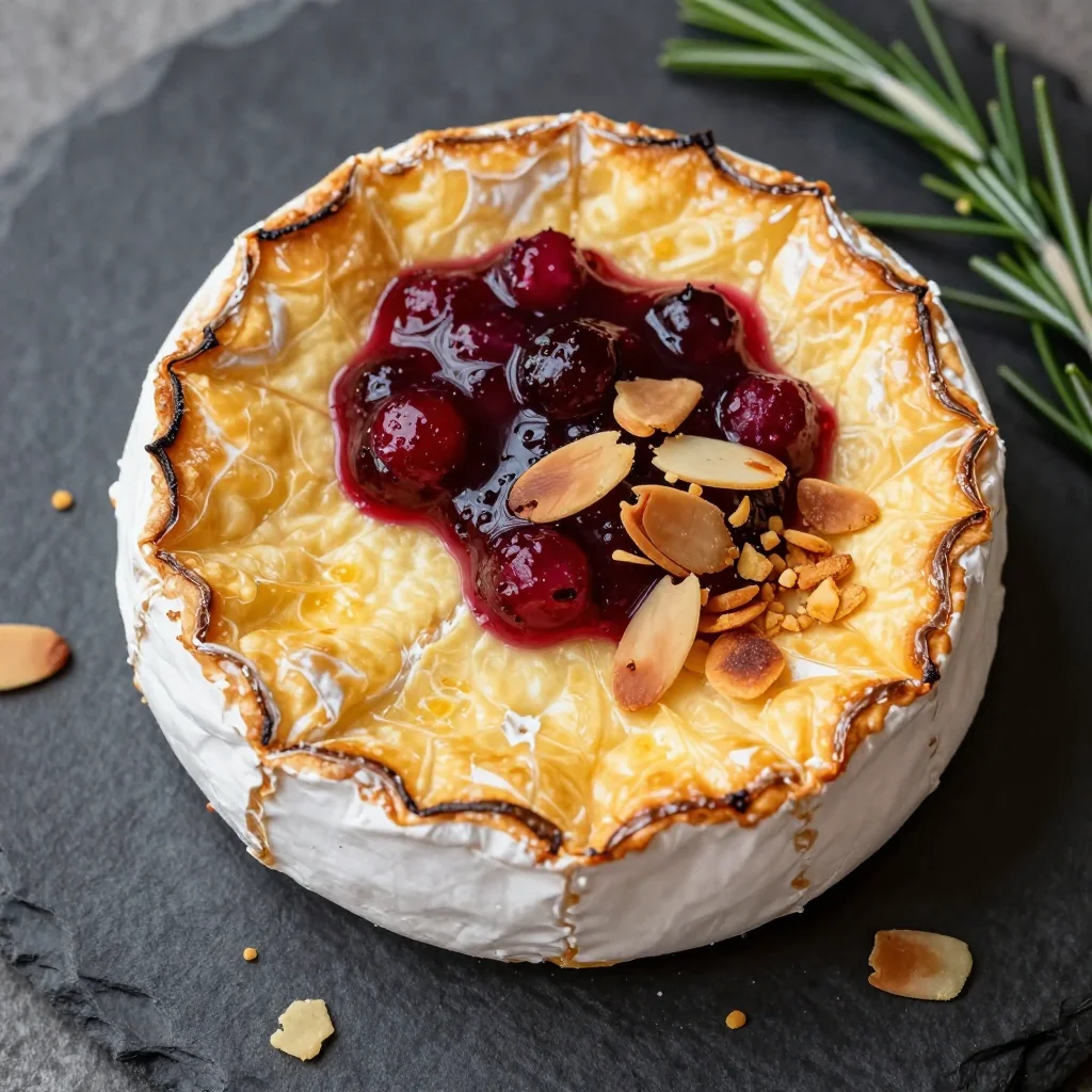 baked brie with cranberry sauce and toasted almonds for winter parties