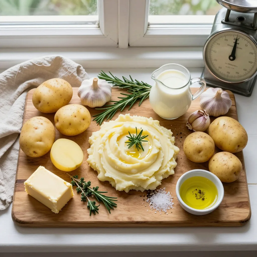 All ingredients for Mashed Potatoes with Garlic and Herb neatly arranged on a wooden board