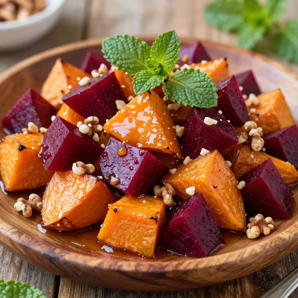 baked sweet potato and beet salad with warm citrus dressing