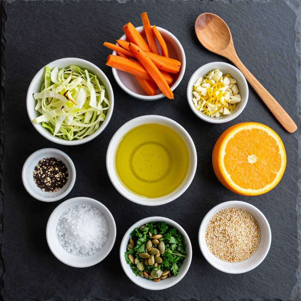 Fresh cabbage, carrots, garlic, and citrus fruits arranged on a wooden cutting board