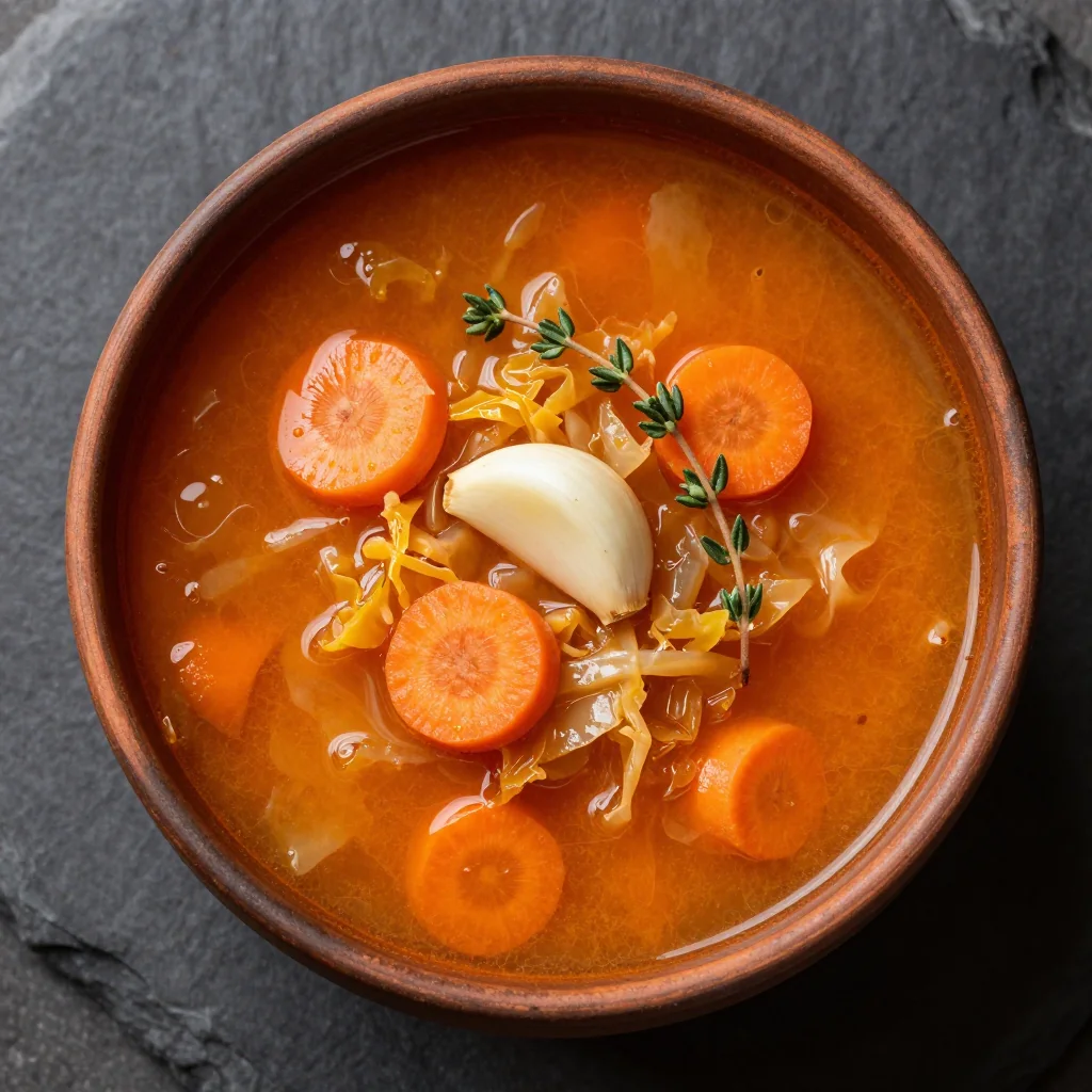 warm winter cabbage and carrot soup with garlic and herbs