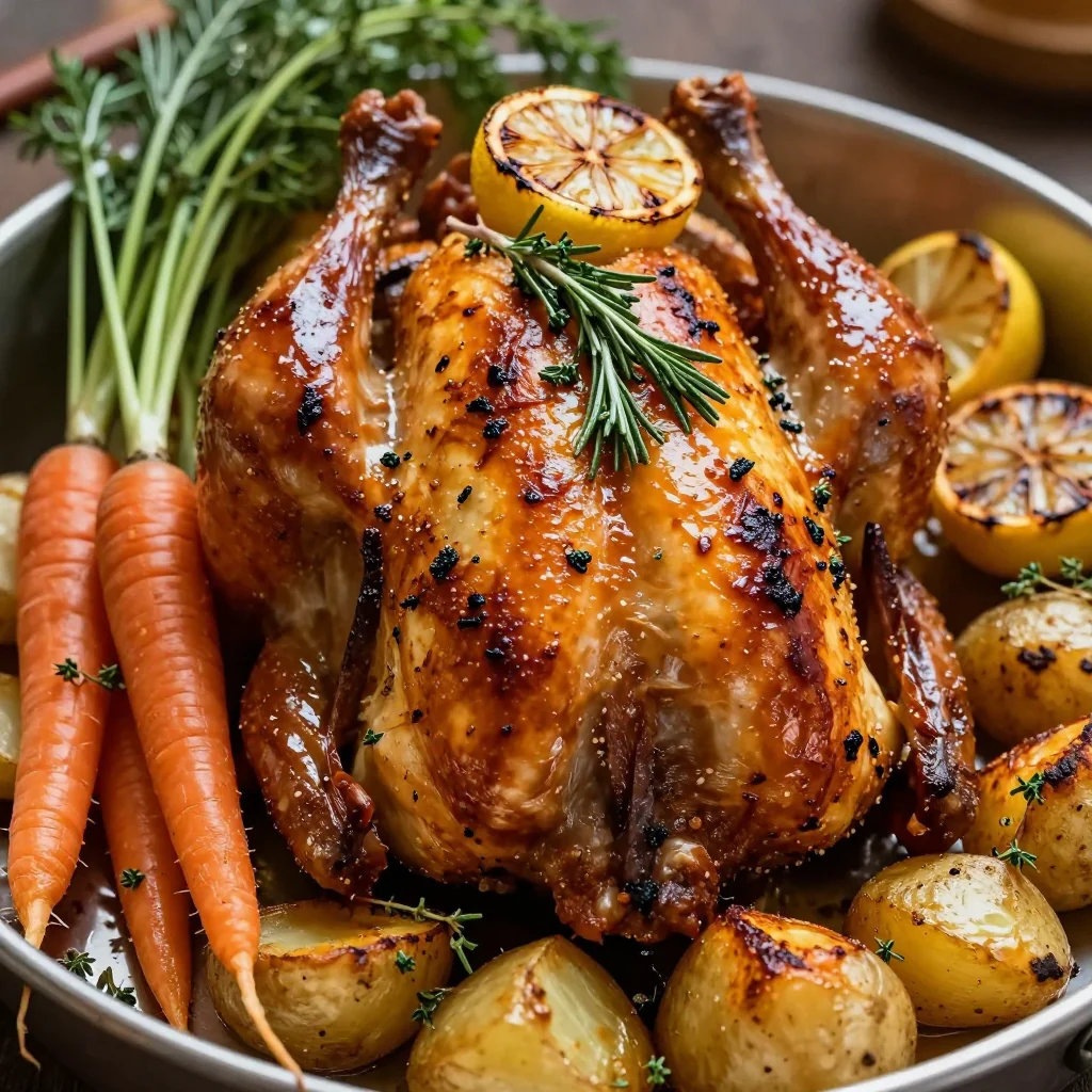 fresh lemon and herb roasted chicken with winter carrots and potatoes