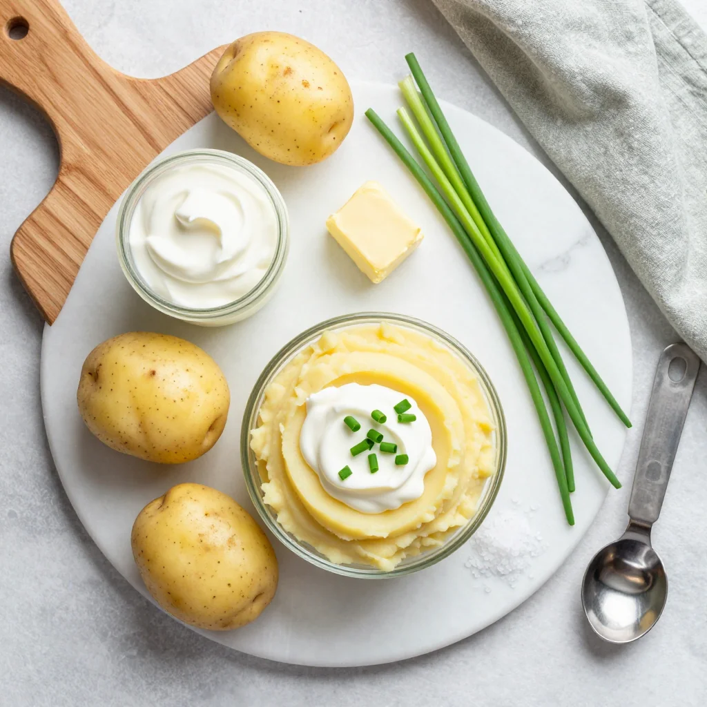 All ingredients for Mashed Potatoes with Sour Cream and Chives neatly arranged on a wooden board