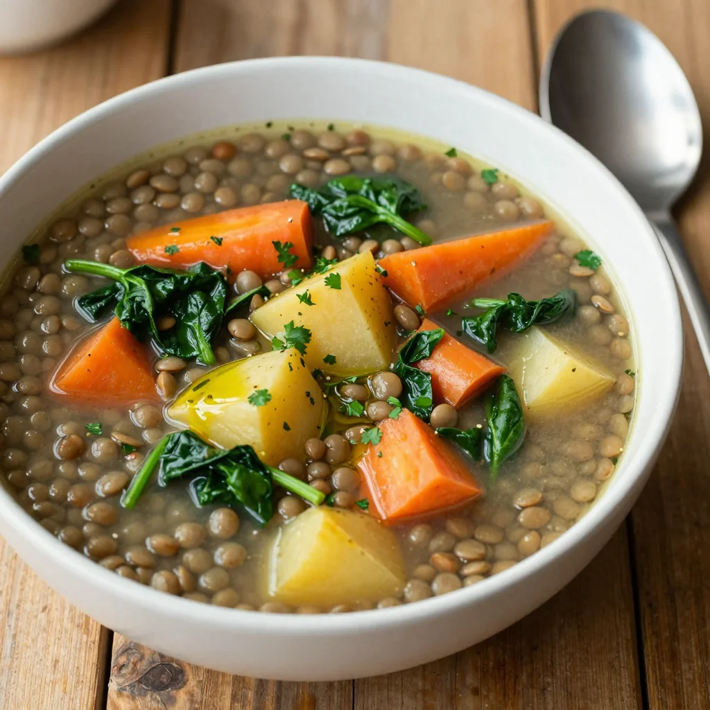 onepot lentil and root vegetable soup with spinach and garlic