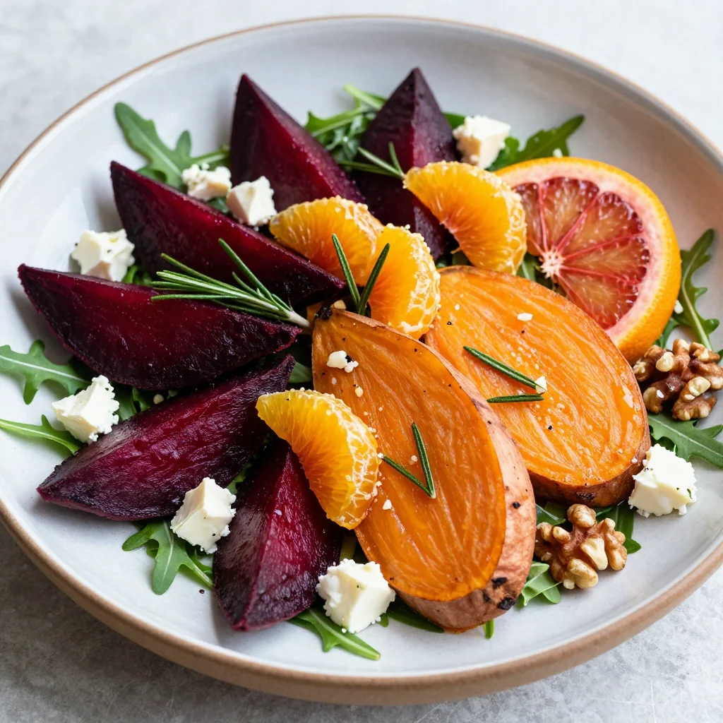 cozy roasted beet and sweet potato salad with citrus and rosemary